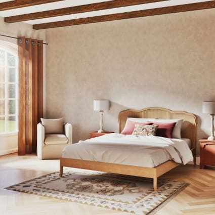 Letto matrimoniale in legno massello di betulla 160x200 con testata in  rattan incannucciato