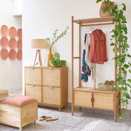 Armoire à Chaussures étroite En Rotin Naturel Avec 4 Portes - 8 étagères Réglables - Idéale Pour L'entrée - 100x24x88 Cm - 2