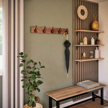 Perchero con ganchos de madera de sala y metal negro LAUZELLE