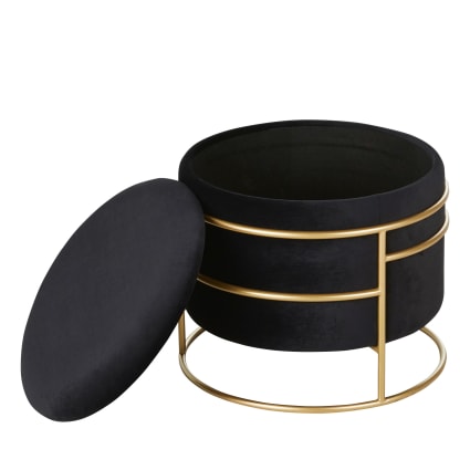 Pouf Con Contenitore In Velluto Nero (Set Da 2) - Sgabello Poggiapiedi Multifunzionale