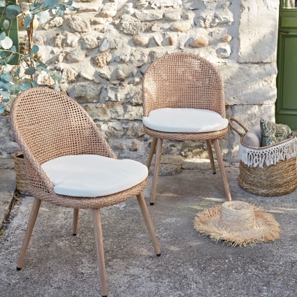 Sedie da giardino in resina effetto rattan incannucciata e cuscino