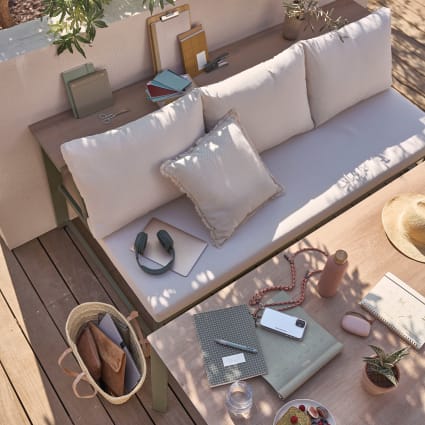 Set divanetto da giardino in alluminio verde kaki con cuscini écru