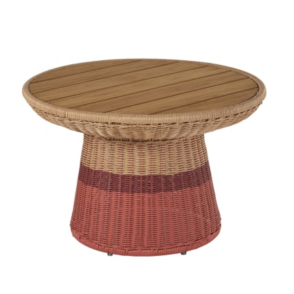 Table basse de jardin ronde en bois de teck et résine tressée corail et terracotta D70 Bagoa