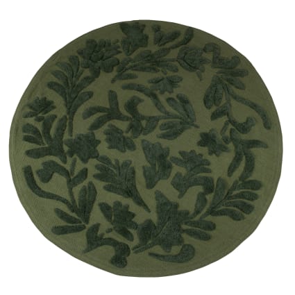 Tapis rond en coton vert motif végétal tufté en relief D120