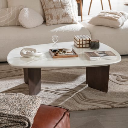 Tavolino basso bianco con gambe in legno di acacia 114 cm