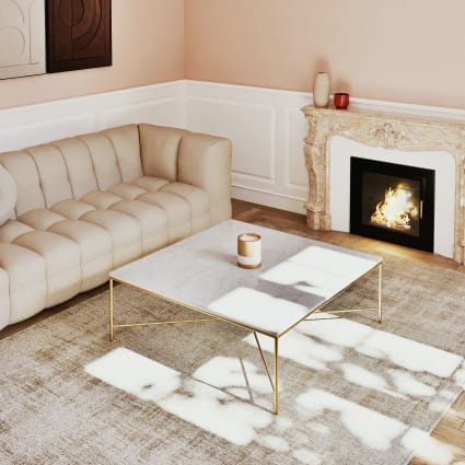 Tavolino da salotto in marmo bianco e metallo color ottone 100 cm