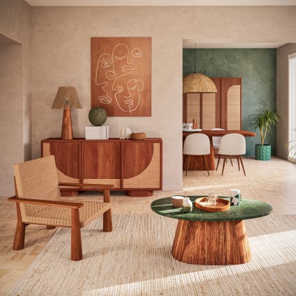 Tavolino da salotto in marmo verde e legno massello di acacia lung