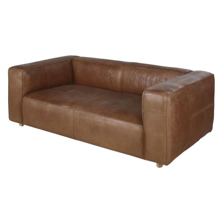 3/4-Sitzer-Sofa mit braunem Lederbezug cropped-2