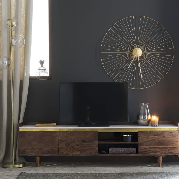 3-türiges TV-Möbel aus massivem Akazienholz und weißem Marmor-Cappuccino ambiance-10