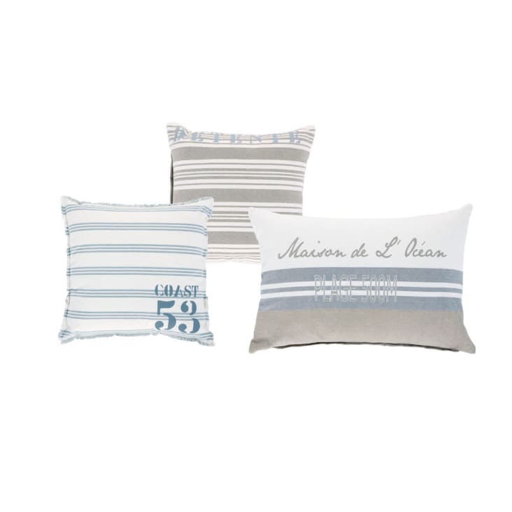 Almofadas em Ecru e algodão azul com padrões (x3)-Brocante De La Mer