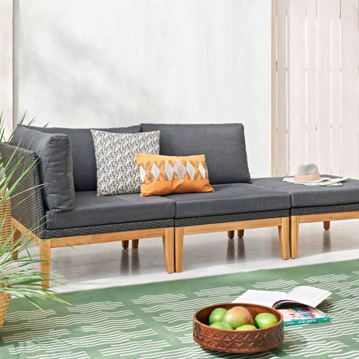 Angle pour canapé de jardin modulable en résine tressée gris anthracite et bois d'acacia massif-Honorat ambiance-9
