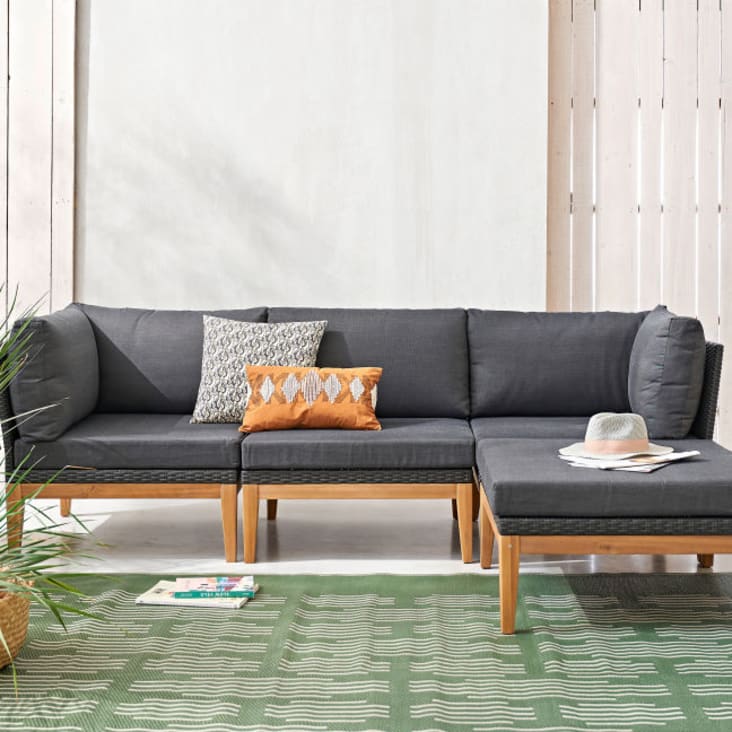 Angle pour canapé de jardin modulable en résine tressée gris anthracite et bois d'acacia massif-Honorat ambiance-7