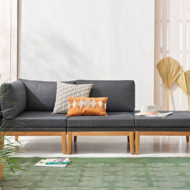 Angle pour canapé de jardin modulable en résine tressée gris anthracite et bois d'acacia massif-Honorat ambiance-8