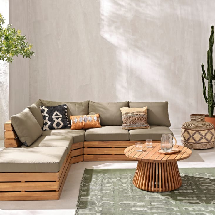 Angolo di divano da giardino professionale modulare in acacia massello e  cuscini verde kaki Floripa Business