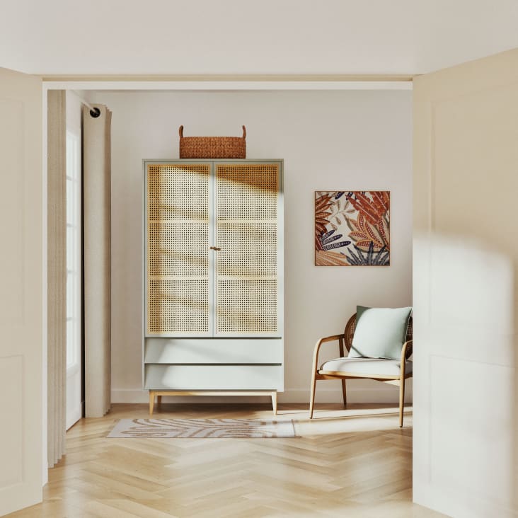 Armadio 2 Ante Con Rattan 90x45x183 Cm - Con Asta Appendiabiti E Coperchio Flip-Top, Colore Naturale - Foto 7