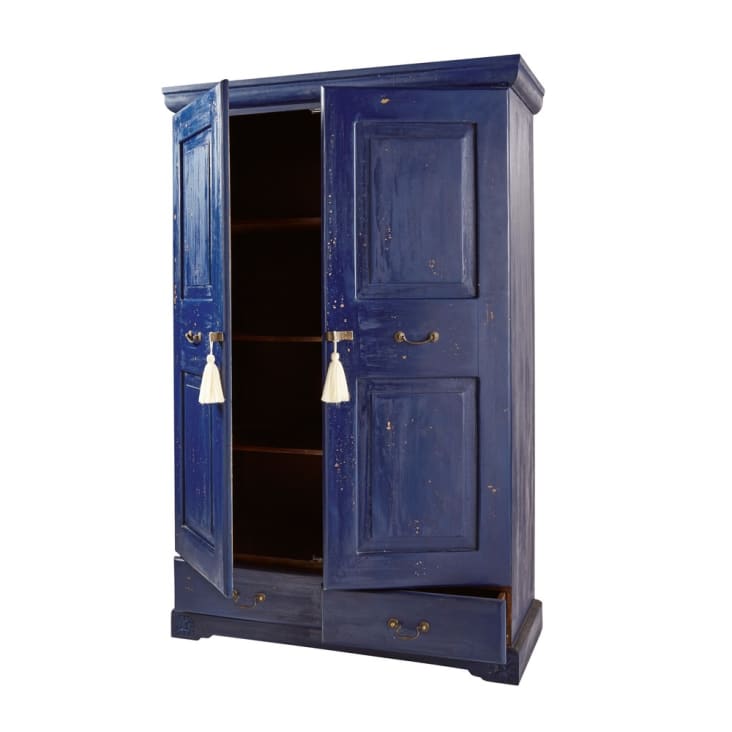 Armoire 2 portes 2 tiroirs en manguier massif bleu-Shibori cropped-3