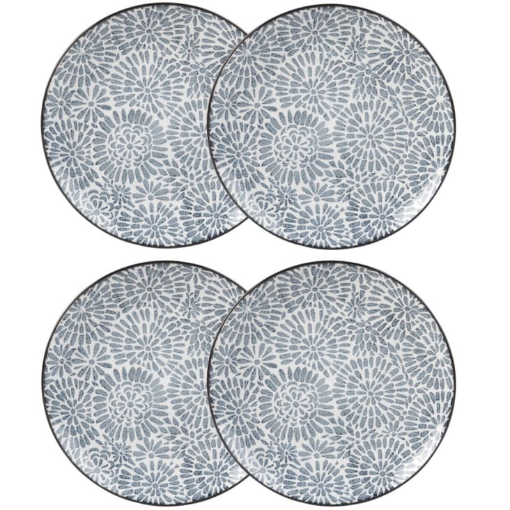 Assiette plate en grès blanc motifs graphiques bleus-ISCHIA