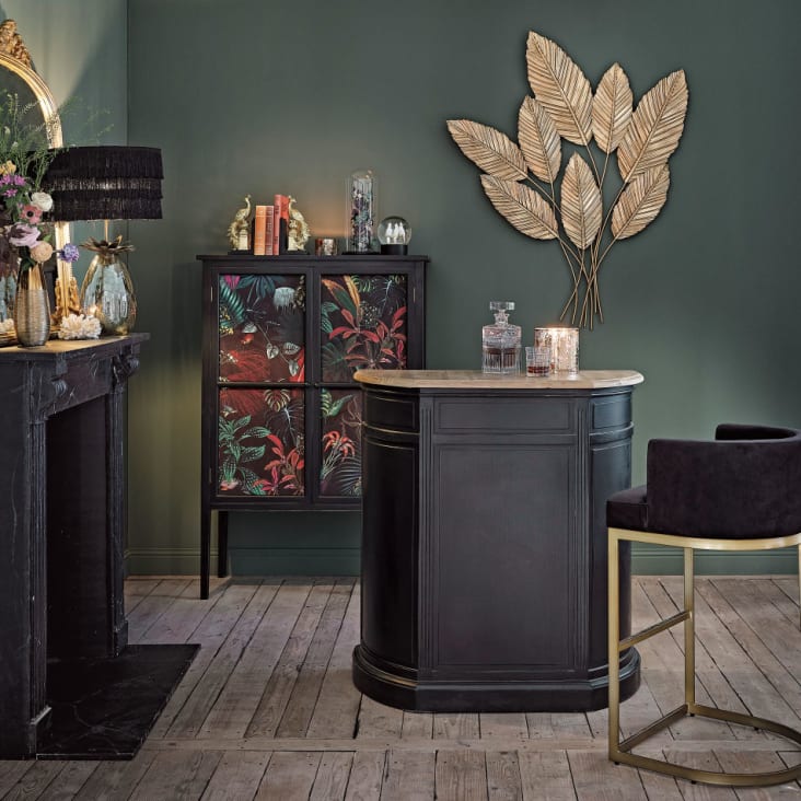 Aufbewahrungsmöbel mit 2 Türen und 2 Schubladen aus Holz in Schwarz mit ausgemalten Blättern ambiance-5