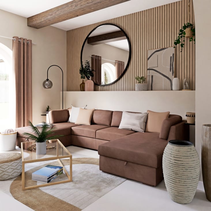 Ausziehbares 7-Sitzer-Panorama-Sofa mit braunem Microsuede-Bezug Times  square