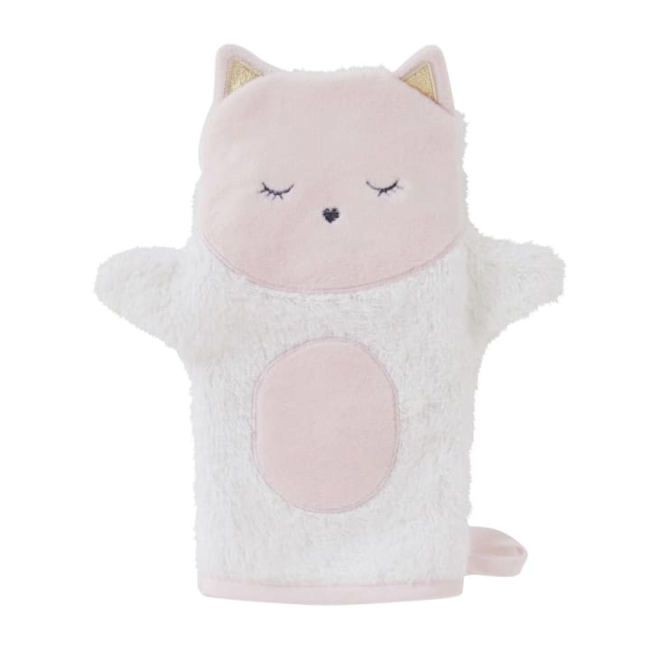 Babybadetuch aus Baumwolle, weiß mit Katzenkopf 80x80-LILA cropped-2