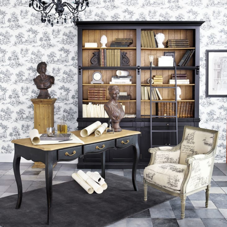 Bibliothèque 2 portes 2 tiroirs en bois d'acacia noir-Versailles ambiance-4