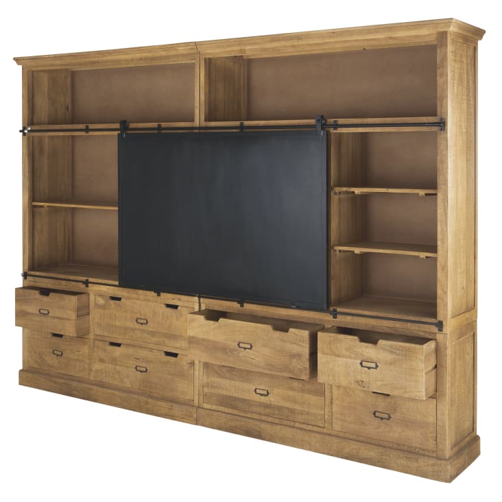 Bibliothèque meuble TV 8 tiroirs 1 porte coulissante en métal noir-Germain cropped-2
