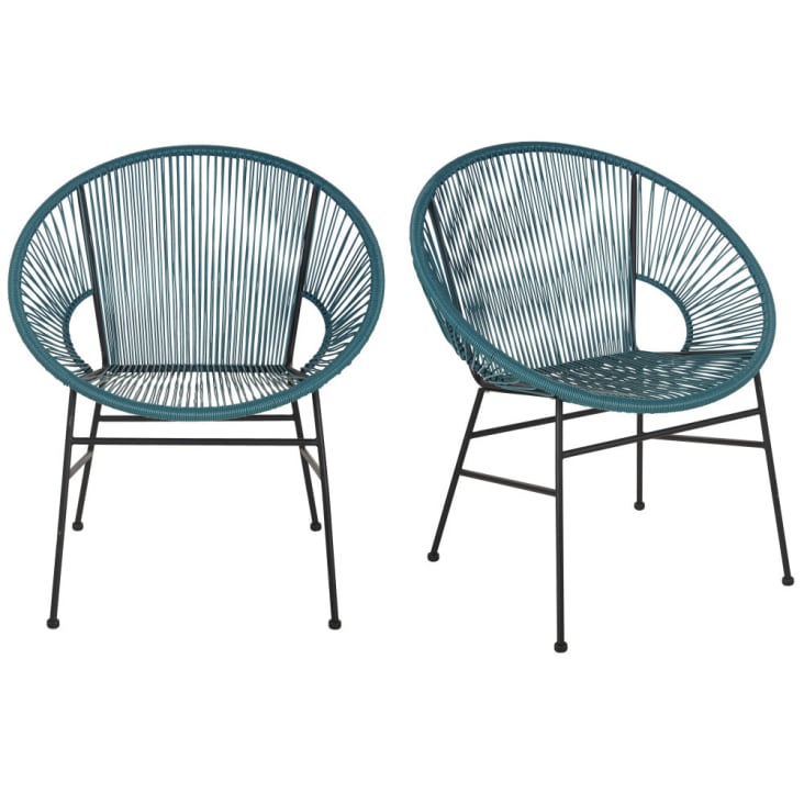 Blauwe fauteuil van hars voor professioneel gebruik met zwarte metalen poten (x2)-Copacabana Business