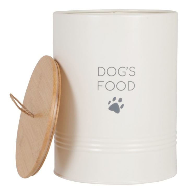 Boîte à croquettes pour chien en métal blanc et couvercle en bambou