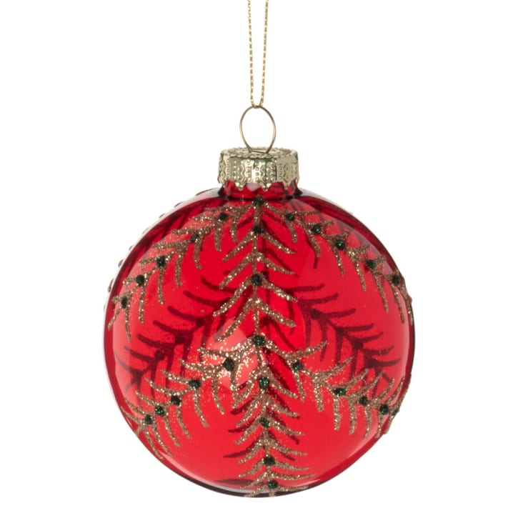 Boule de Noël en verre teinté rouge et feuillage en relief doré