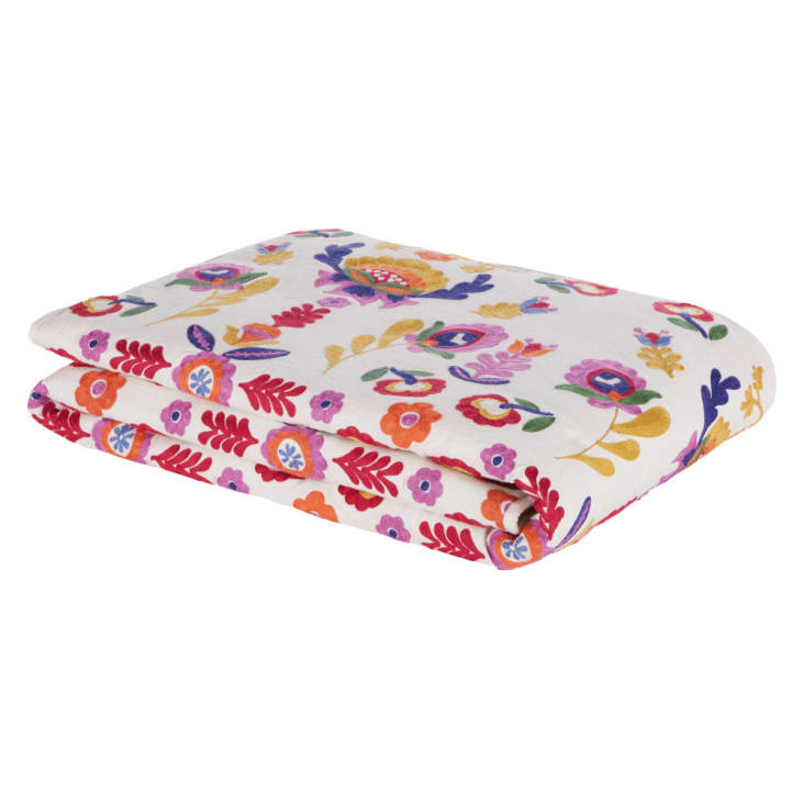 Boutis en coton et lin motif floral brodé multicolore 100x200