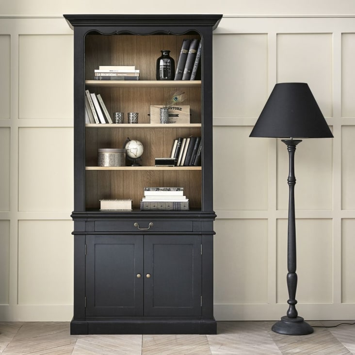Bücherwand mit 1 Schublade und 2 Türen aus schwarzem Akazienholz-Versailles ambiance-8