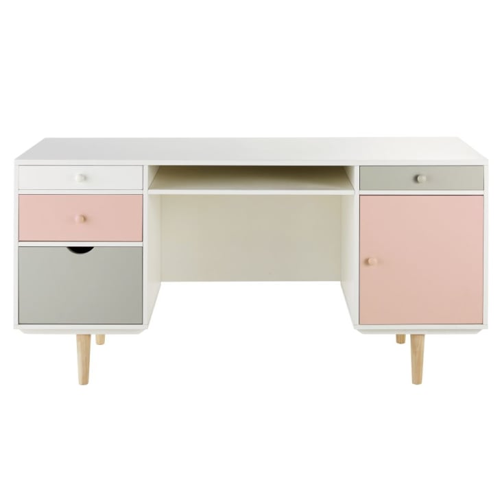 Bureau 1 porte 4 tiroirs blanc, gris et rose-Blush