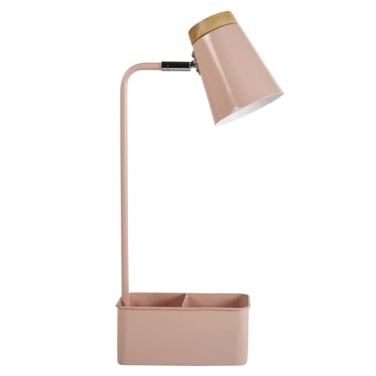 Bureaulamp met potloodhouder van roze metaal en rubberhout-LEXIE