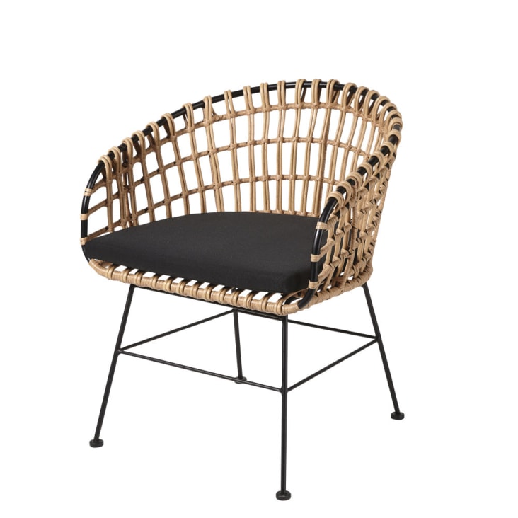 Cadeira de jardim de resina com efeito vime e tecido preto-Kanpur