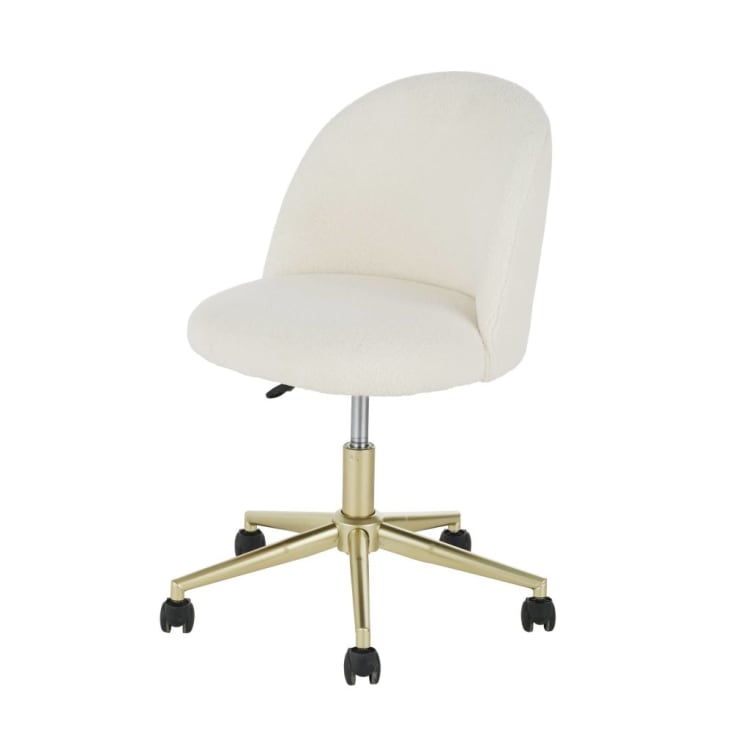 Cadeira de secretária em tecido bouclé branco e metal cor de latão com rodízios-Mauricette