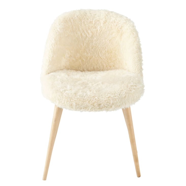 Cadeira vintage efeito pelo cor marfim e madeira de bétula-Mauricette cropped-1