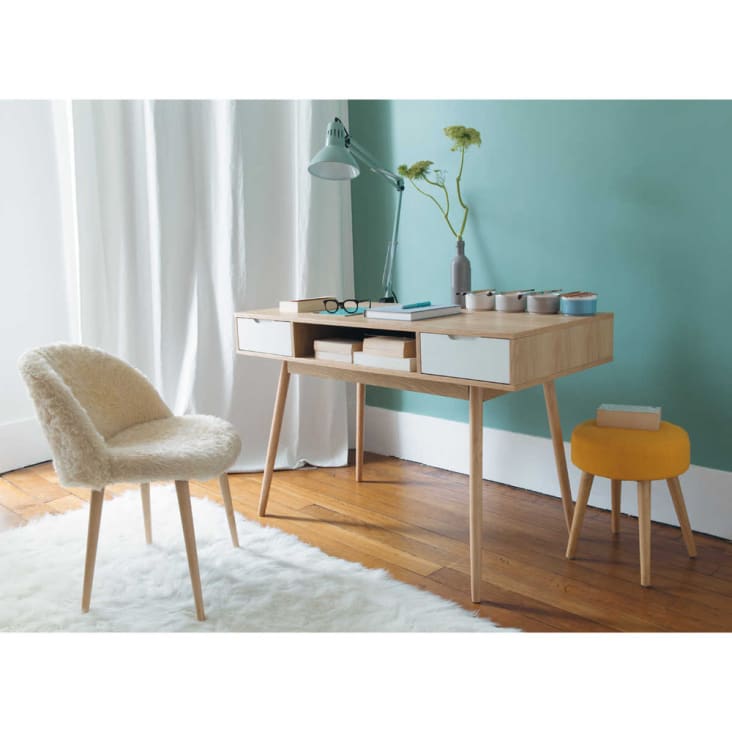 Cadeira vintage efeito pelo cor marfim e madeira de bétula-Mauricette ambiance-5