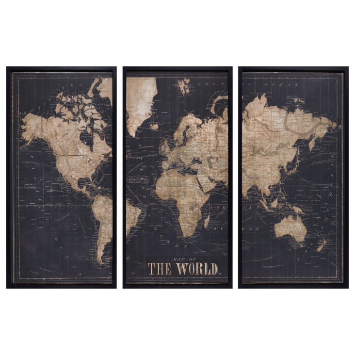 Cadre triptyque carte du monde noir 180x120-Explore