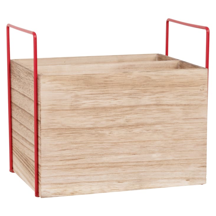 Caisse de rangement en bois de paulownia et fer recyclé rouge-SOLINE