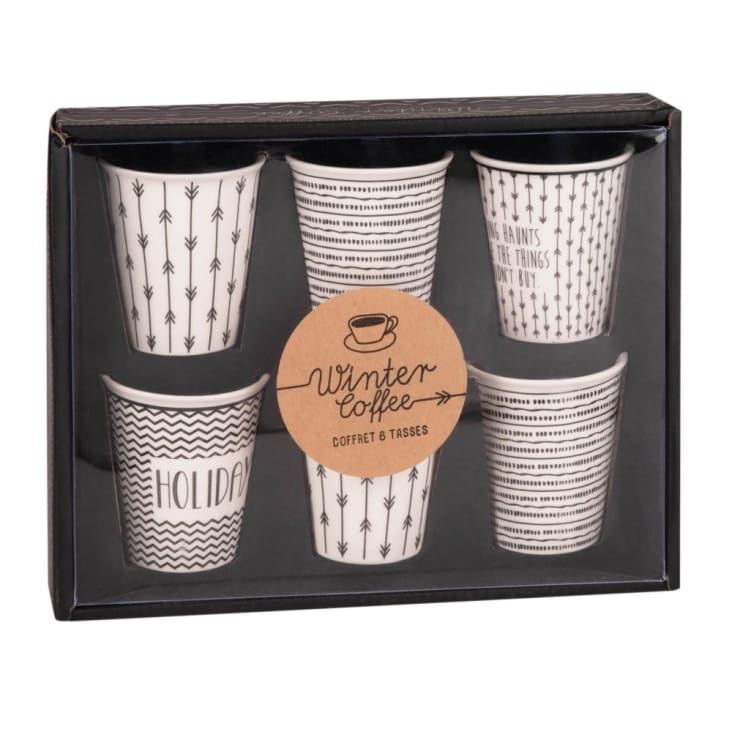 Caja 6 tazas de porcelana blanca con motivos negros-HOLIDAYS