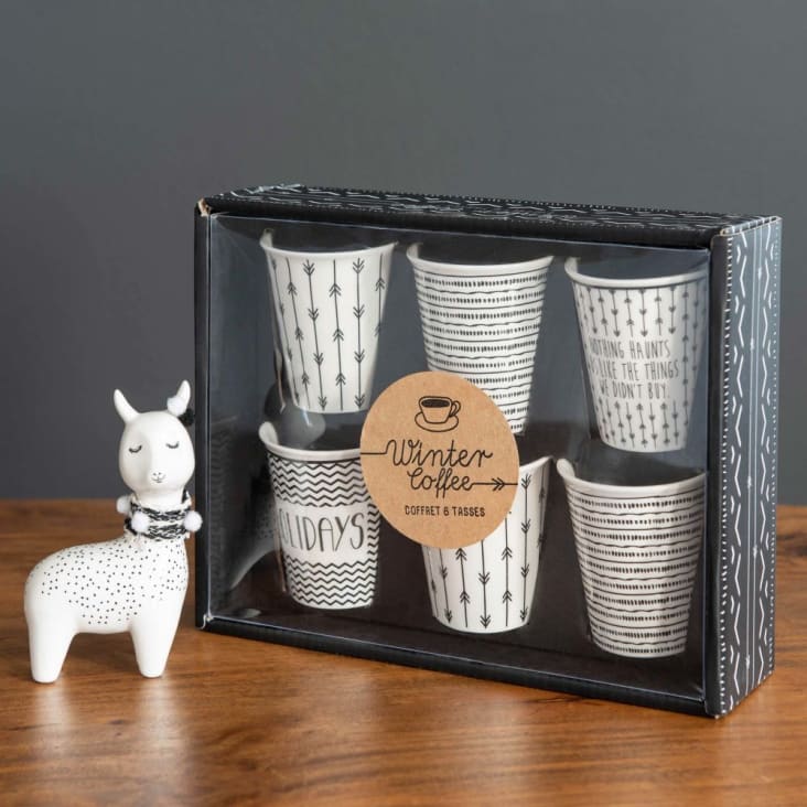 Caja 6 tazas de porcelana blanca con motivos negros-HOLIDAYS ambiance-1