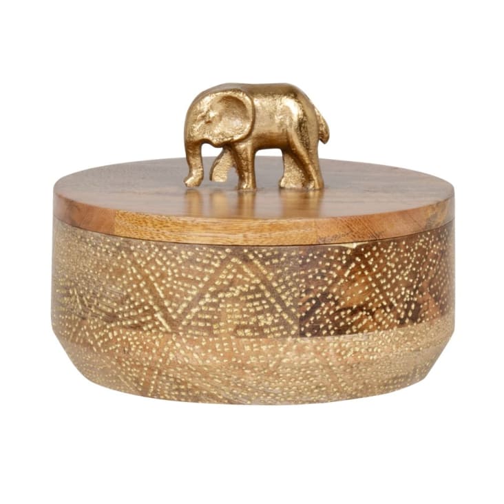 Caja decorativa de madera con tapa, figura de elefante y detalles