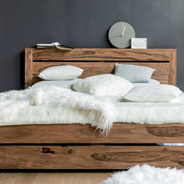 Dallas, Cama de madera maciza con cabecero, Incluye Base tapizada, Acabado color natural, Válido para colchón de 150 x 190 cm