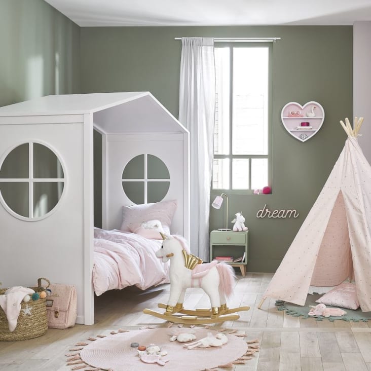 Cama infantil unicornio en madera mdf y cortina en tela de colores