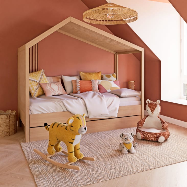 Cama cabaña infantil sobreelevada de 90x190 en blanco y beige Safari