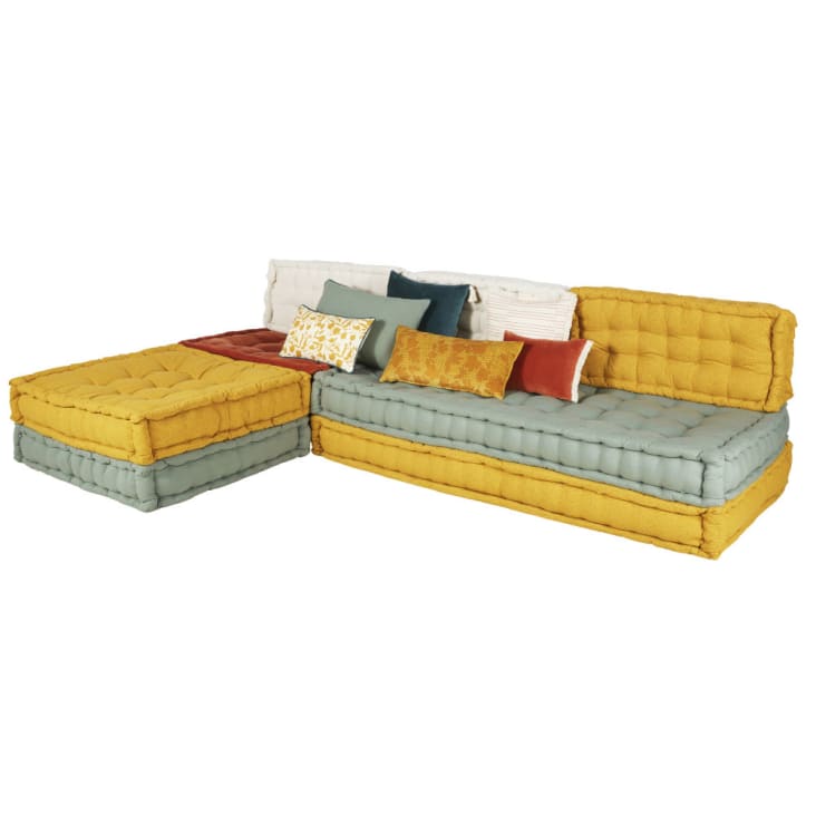 Canapé d'angle 5 places en coton recyclé jaune, vert et terracotta-Meena cropped-2