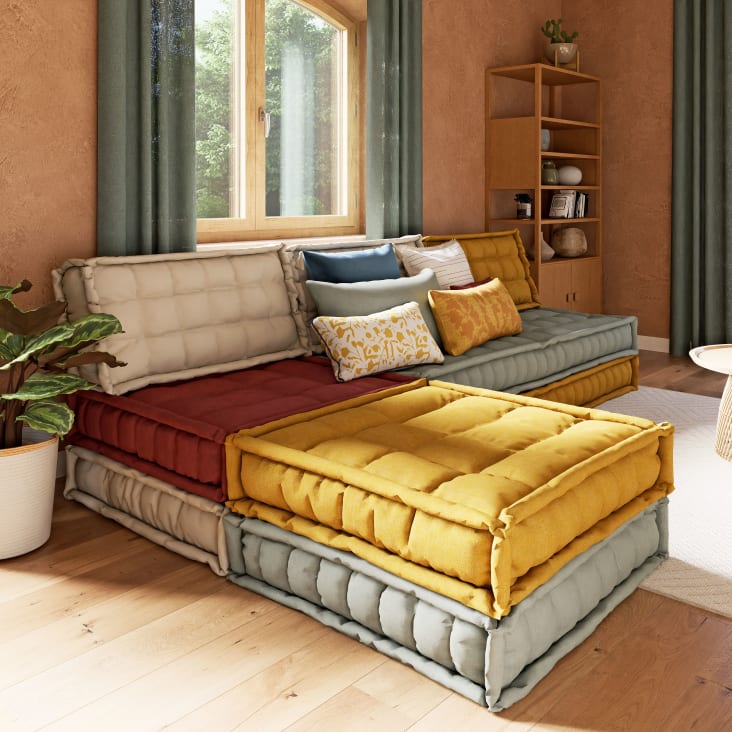 Canapé d'angle 5 places en coton recyclé jaune, vert et terracotta-Meena ambiance-4
