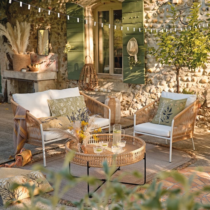 Canapé de jardin 2 places en résine beige et métal blanc-Arun ambiance-7