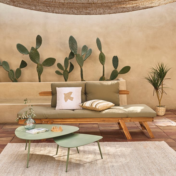 Canapé de jardin 3/4 places en bois d'acacia et polyester recyclé vert kaki-Relax ambiance-8