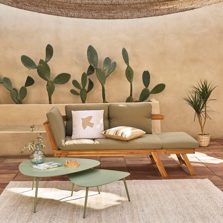 Canapé de jardin 3/4 places en bois d'acacia et polyester recyclé vert kaki-Relax ambiance-9